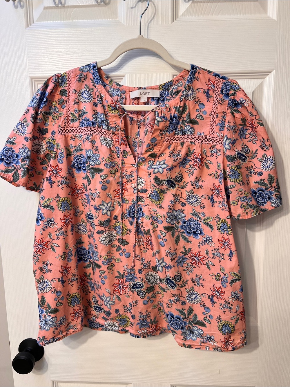 LOFT Coral and Blue Floral Short-Sleeve Peasant Blouse